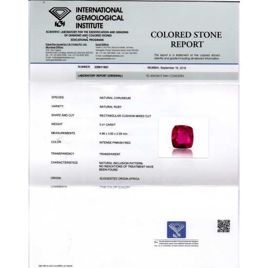 0.41 Ct IGI Certified Unheated Untreted Natural Mozambique Ruby AAAAA