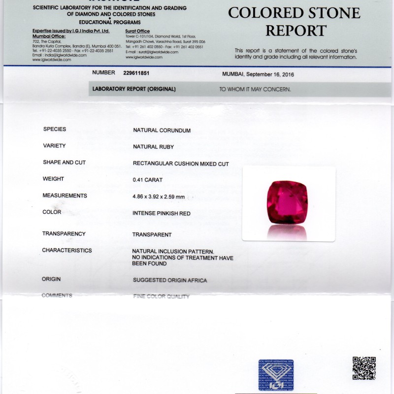 0.41 Ct IGI Certified Unheated Untreted Natural Mozambique Ruby AAAAA
