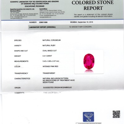 0.41 Ct IGI Certified Unheated Untreted Natural Mozambique Ruby A++++ 0.41 Ct IGI Certified Unheated Untreted Natural Mozambique Ruby A++++