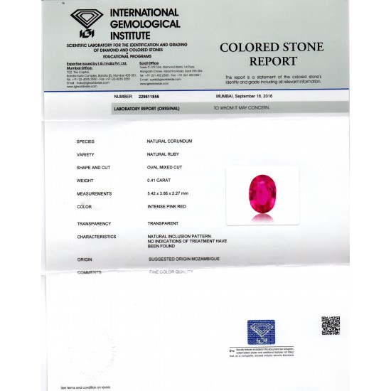 0.41 Ct IGI Certified Unheated Untreted Natural Mozambique Ruby A++++