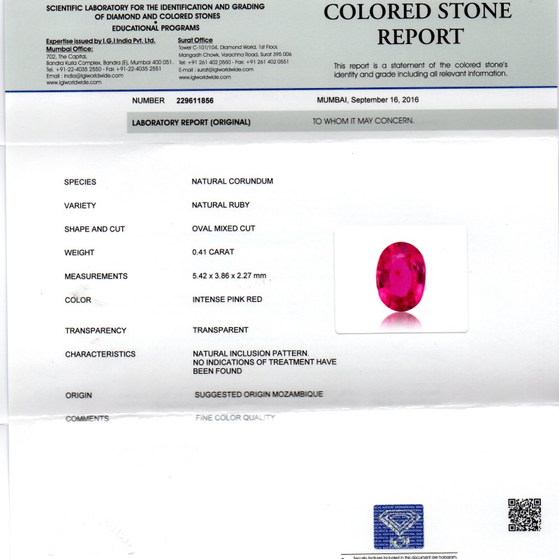 0.41 Ct IGI Certified Unheated Untreted Natural Mozambique Ruby A++++ 0.41 Ct IGI Certified Unheated Untreted Natural Mozambique Ruby A++++