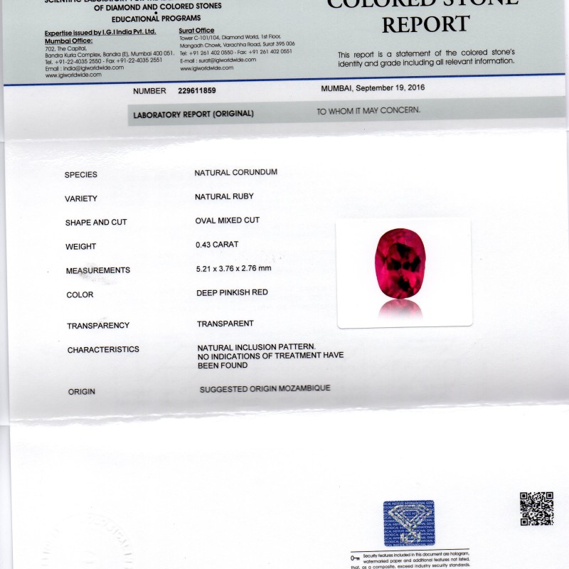 0.43 Ct IGI Certified Unheated Untreted Natural Mozambique Ruby AAAAA