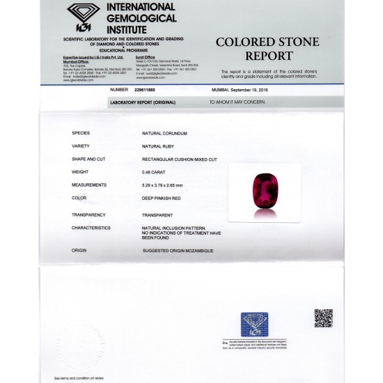 0.48 Ct IGI Certified Unheated Untreted Natural Mozambique Ruby AAAAA