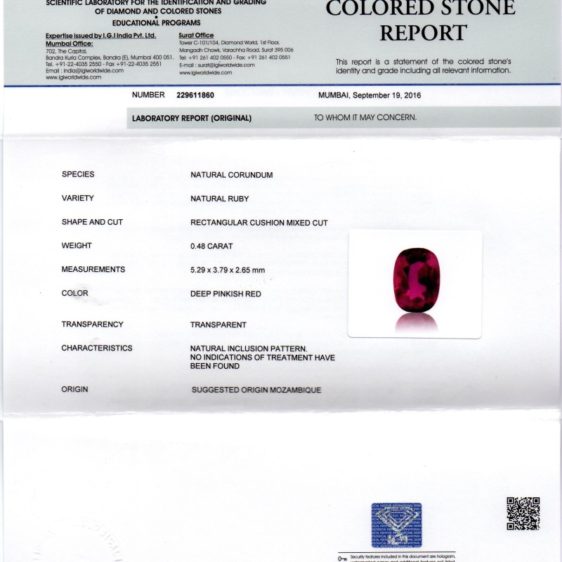 0.48 Ct IGI Certified Unheated Untreted Natural Mozambique Ruby AAAAA 0.48 Ct IGI Certified Unheated Untreted Natural Mozambique Ruby AAAAA