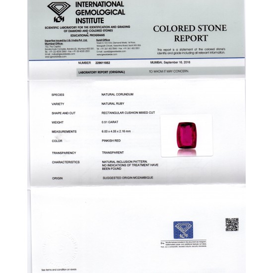 0.51 Ct IGI Certified Unheated Untreted Natural Mozambique Ruby AAAAA