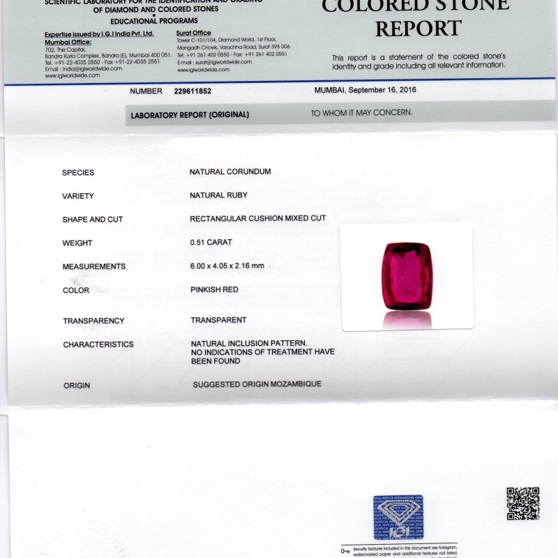 0.51 Ct IGI Certified Unheated Untreted Natural Mozambique Ruby AAAAA 0.51 Ct IGI Certified Unheated Untreted Natural Mozambique Ruby AAAAA