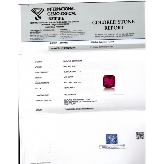 0.56 Ct IGI Certified Unheated Untreted Natural Mozambique Ruby AAAAA