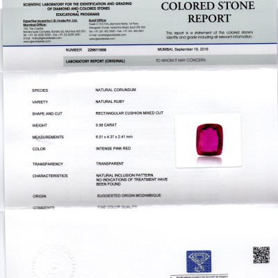 0.58 Ct IGI Certified Unheated Untreted Natural Mozambique Ruby AAAAA 0.58 Ct IGI Certified Unheated Untreted Natural Mozambique Ruby AAAAA