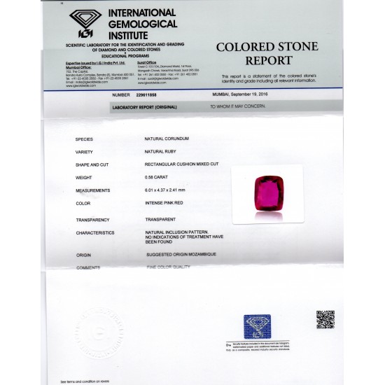 0.58 Ct IGI Certified Unheated Untreted Natural Mozambique Ruby AAAAA