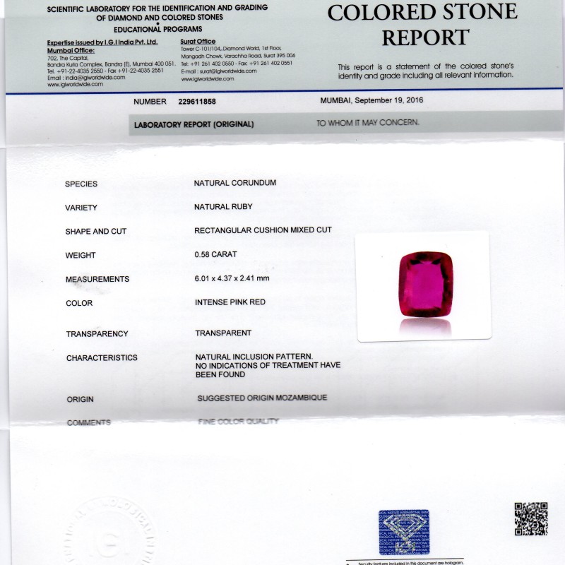 0.58 Ct IGI Certified Unheated Untreted Natural Mozambique Ruby AAAAA 0.58 Ct IGI Certified Unheated Untreted Natural Mozambique Ruby AAAAA