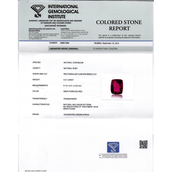 0.61 Ct IGI Certified Unheated Untreted Natural Mozambique Ruby A++++