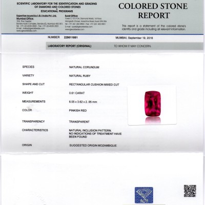 0.61 Ct IGI Certified Unheated Untreted Natural Mozambique Ruby AAAAA 0.61 Ct IGI Certified Unheated Untreted Natural Mozambique Ruby AAAAA