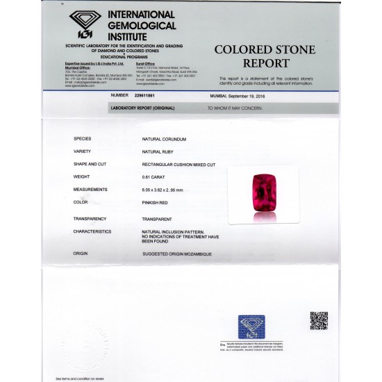 0.61 Ct IGI Certified Unheated Untreted Natural Mozambique Ruby AAAAA