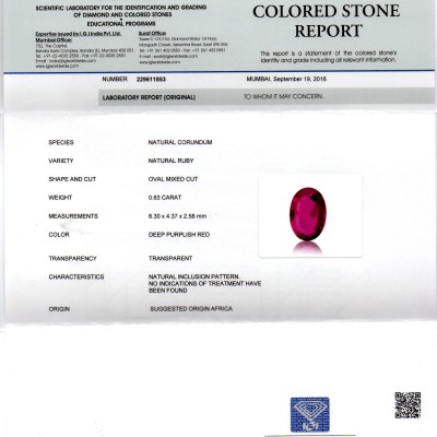 0.63 Ct IGI Certified Unheated Untreted Natural Mozambique Ruby AAAAA 0.63 Ct IGI Certified Unheated Untreted Natural Mozambique Ruby AAAAA