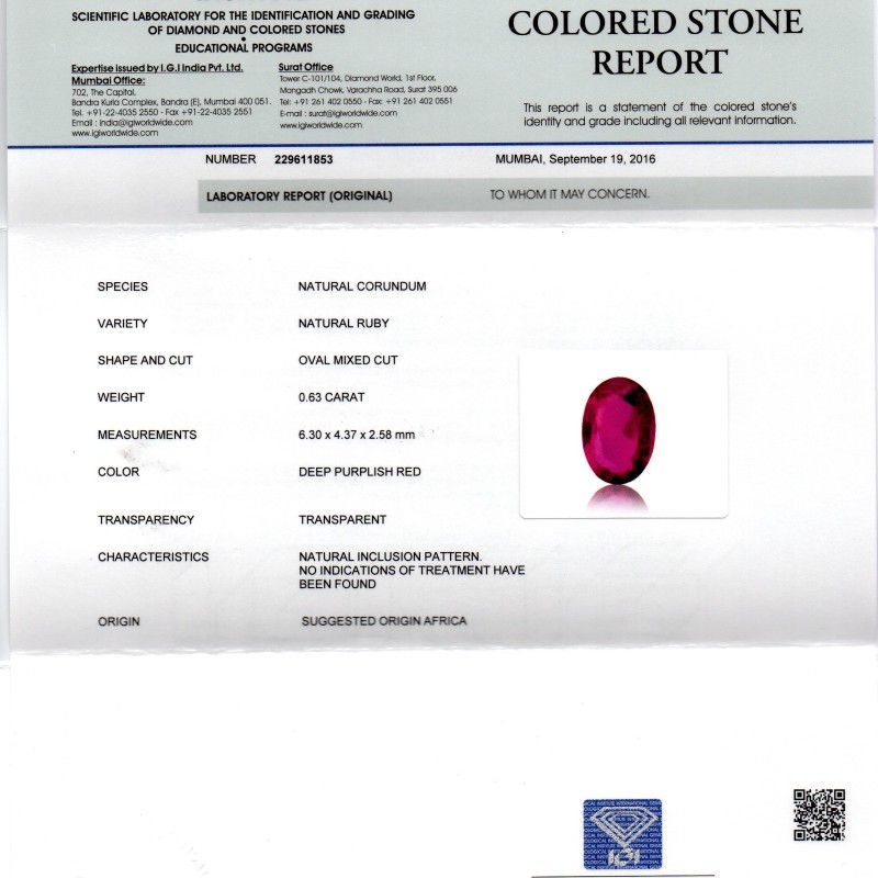0.63 Ct IGI Certified Unheated Untreted Natural Mozambique Ruby AAAAA 0.63 Ct IGI Certified Unheated Untreted Natural Mozambique Ruby AAAAA
