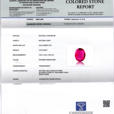 0.65 Ct IGI Certified Unheated Untreted Natural Mozambique Ruby AAAAA 0.65 Ct IGI Certified Unheated Untreted Natural Mozambique Ruby AAAAA