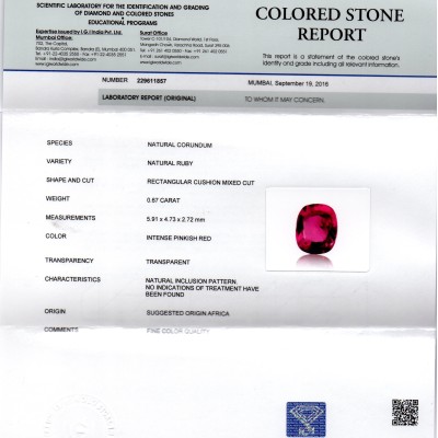 0.67 Ct IGI Certified Unheated Untreted Natural Mozambique Ruby AAAAA