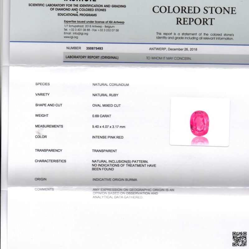 0.69 Ct IGI Certified Unheated Untreated Natural Old Burma Ruby AAA 0.69 Ct IGI Certified Unheated Untreated Natural Old Burma Ruby AAA