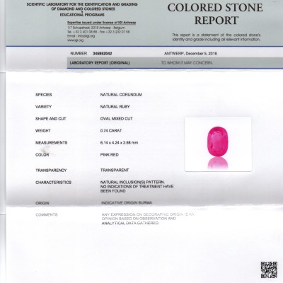 0.74 Ct IGI Certified Unheated Untreated Natural Old Burma Ruby AAA 0.74 Ct IGI Certified Unheated Untreated Natural Old Burma Ruby AAA