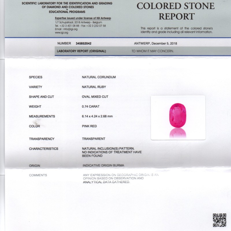 0.74 Ct IGI Certified Unheated Untreated Natural Old Burma Ruby AAA 0.74 Ct IGI Certified Unheated Untreated Natural Old Burma Ruby AAA