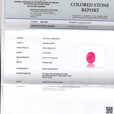 0.75 Ct IGI Certified Unheated Untreated Natural Old Burma Ruby AAA 0.75 Ct IGI Certified Unheated Untreated Natural Old Burma Ruby AAA