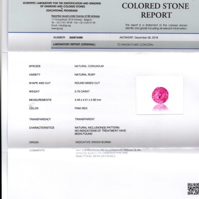 0.76 Ct IGI Certified Unheated Untreated Natural Old Burma Ruby AAA 0.76 Ct IGI Certified Unheated Untreated Natural Old Burma Ruby AAA