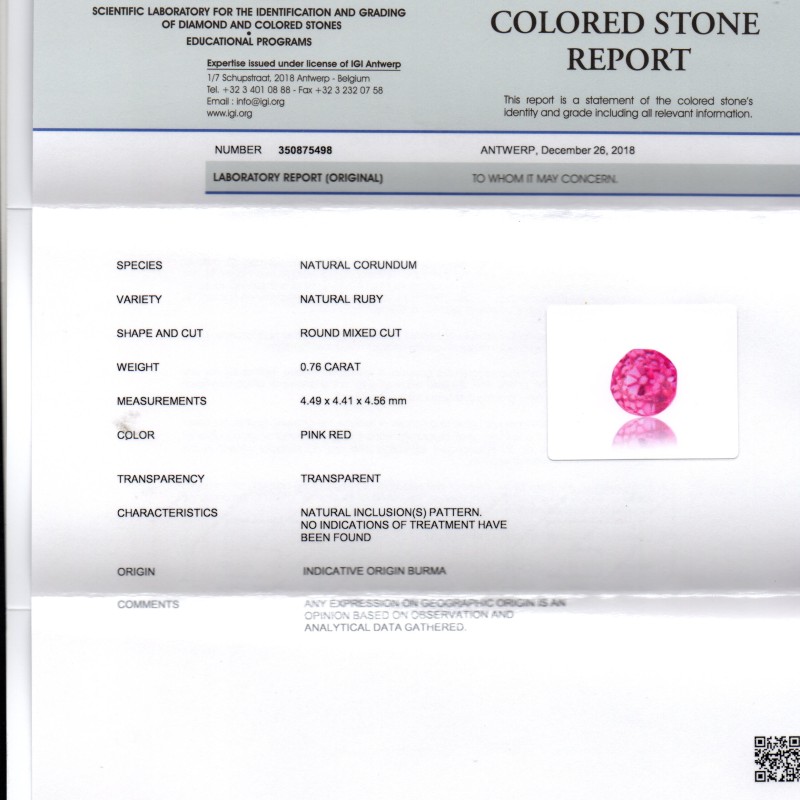 0.76 Ct IGI Certified Unheated Untreated Natural Old Burma Ruby AAA 0.76 Ct IGI Certified Unheated Untreated Natural Old Burma Ruby AAA