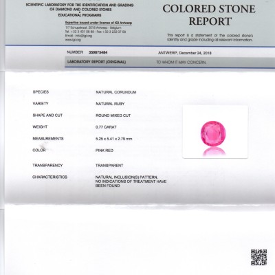 0.77 Ct IGI Certified Unheated Untreated Natural Old Burma Ruby AAA 0.77 Ct IGI Certified Unheated Untreated Natural Old Burma Ruby AAA