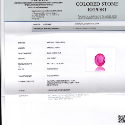 0.79 Ct IGI Certified Unheated Untreated Natural Old Burma Ruby AAA 0.79 Ct IGI Certified Unheated Untreated Natural Old Burma Ruby AAA