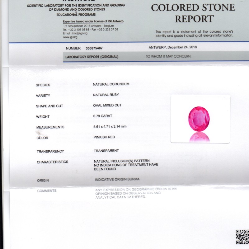0.79 Ct IGI Certified Unheated Untreated Natural Old Burma Ruby AAA 0.79 Ct IGI Certified Unheated Untreated Natural Old Burma Ruby AAA