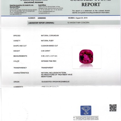 0.85 Ct IGI Certified Unheated Untreted Natural Mozambique Ruby AAAAA