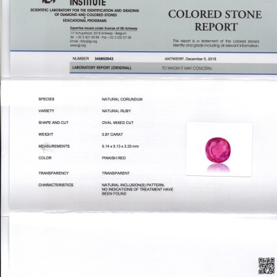0.87 Ct IGI Certified Unheated Untreated Natural Old Burma Ruby AAA 0.87 Ct IGI Certified Unheated Untreated Natural Old Burma Ruby AAA