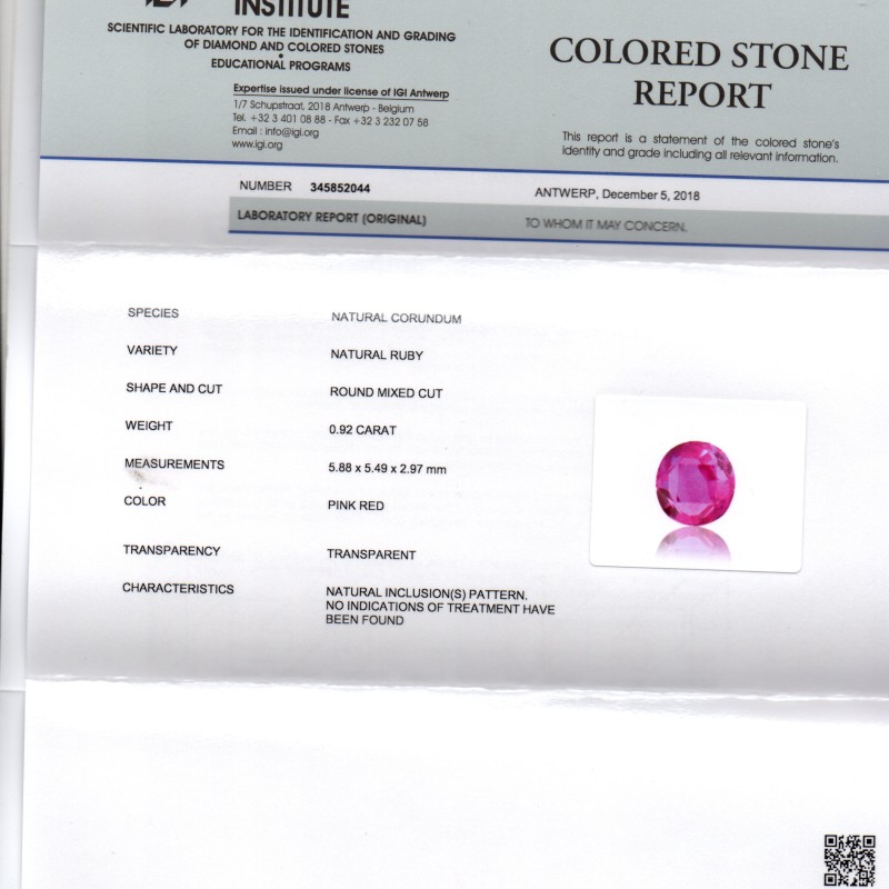 0.92 Ct IGI Certified Unheated Untreated Natural Old Burma Ruby AAA 0.92 Ct IGI Certified Unheated Untreated Natural Old Burma Ruby AAA
