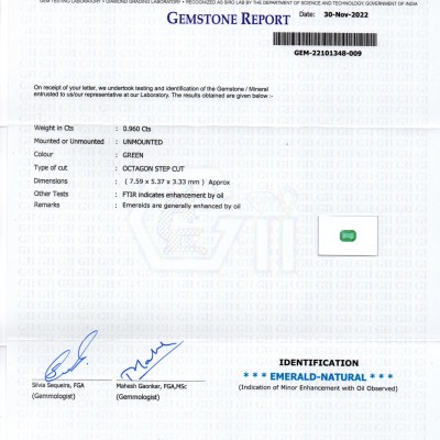 0.96 Ct GII Certified Untreated Natural Zambian Emerald Gemstone AAA 0.96 Ct GII Certified Untreated Natural Zambian Emerald Gemstone AAA