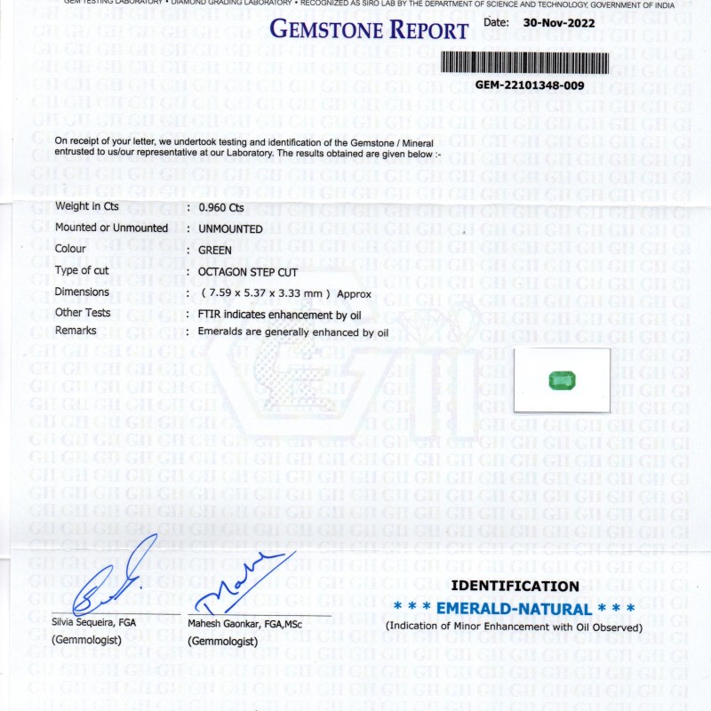 0.96 Ct GII Certified Untreated Natural Zambian Emerald Gemstone AAA 0.96 Ct GII Certified Untreated Natural Zambian Emerald Gemstone AAA