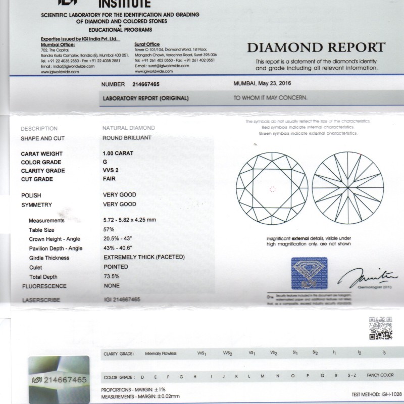 RARE 1 CT Solitaire IGI certified VVS2-G colour Natural Diamond RARE 1 CT Solitaire IGI certified VVS2-G colour Natural Diamond