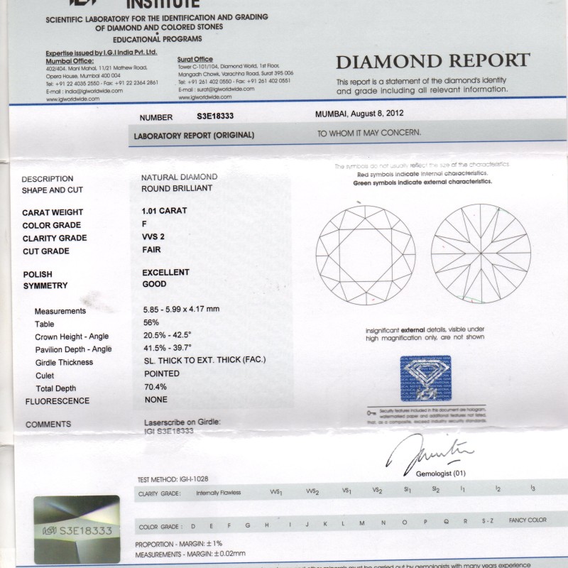 RARE 1.01 CT Solitaire IGI certify VVS2-F colour Natural Diamond RARE 1.01 CT Solitaire IGI certify VVS2-F colour Natural Diamond