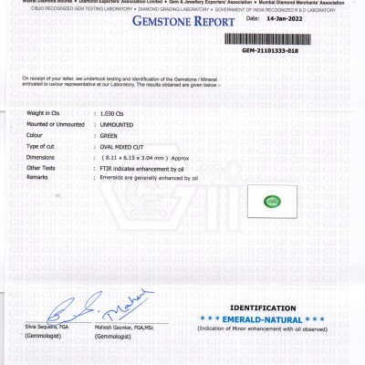1.03 Ct GII Certified Untreated Natural Zambian Emerald Gemstone