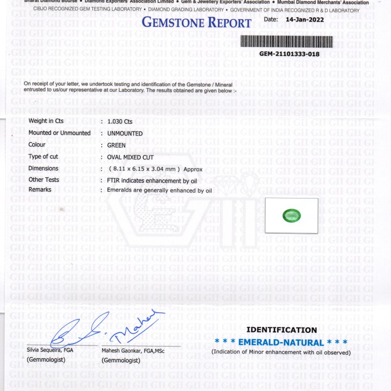 1.03 Ct GII Certified Untreated Natural Zambian Emerald Gemstone 1.03 Ct GII Certified Untreated Natural Zambian Emerald Gemstone