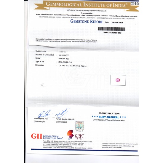 1.08 Ct GII Certified Unheated Untreated Natural Madagaskar Ruby AAA