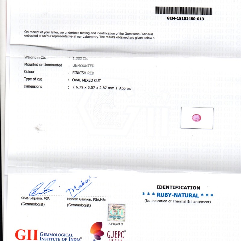 1.08 Ct GII Certified Unheated Untreated Natural Madagaskar Ruby AAA 1.08 Ct GII Certified Unheated Untreated Natural Madagaskar Ruby AAA