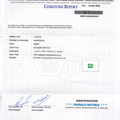 1.10 Ct GII Certified Untreated Natural Zambian Emerald Gemstone