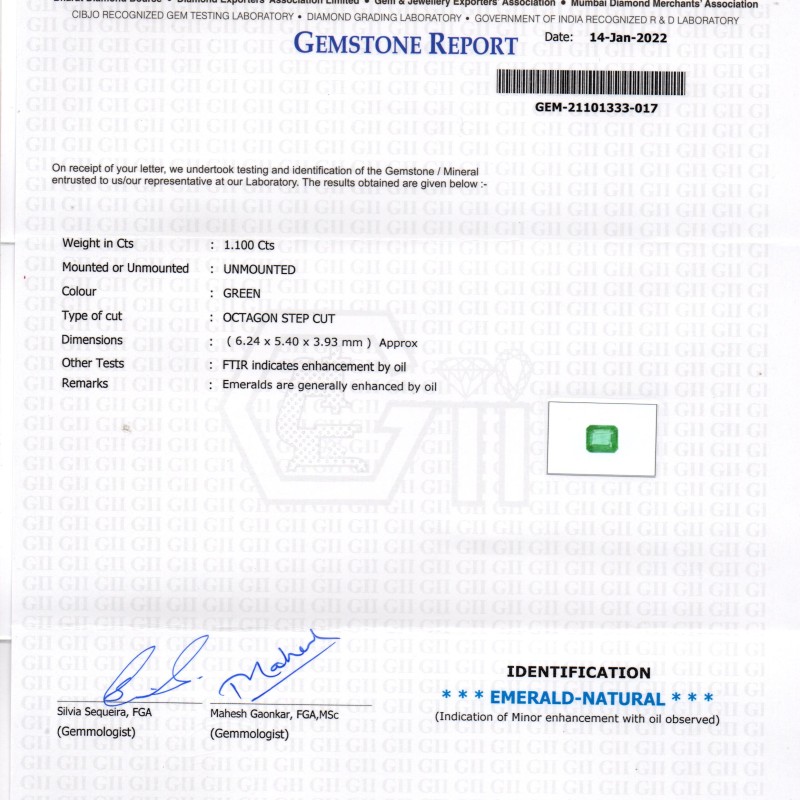 1.10 Ct GII Certified Untreated Natural Zambian Emerald Gemstone