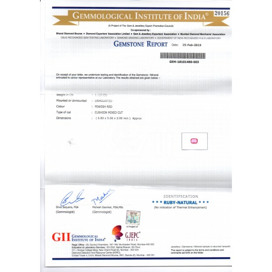 1.15 Ct GII Certified Unheated Untreated Natural Madagaskar Ruby AAA