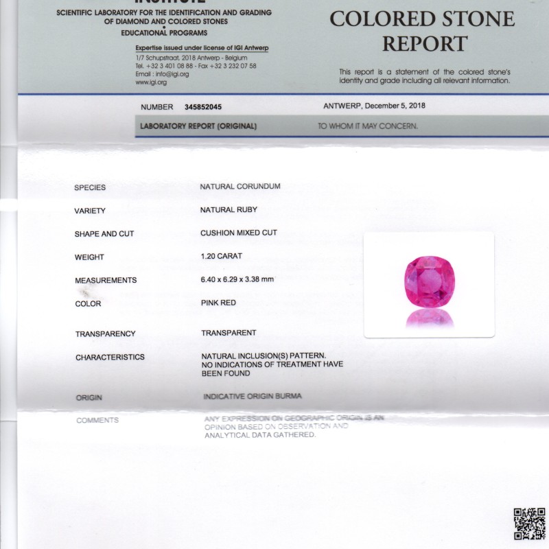 1.20 Ct IGI Certified Unheated Untreated Natural Old Burma Ruby AAA 1.20 Ct IGI Certified Unheated Untreated Natural Old Burma Ruby AAA