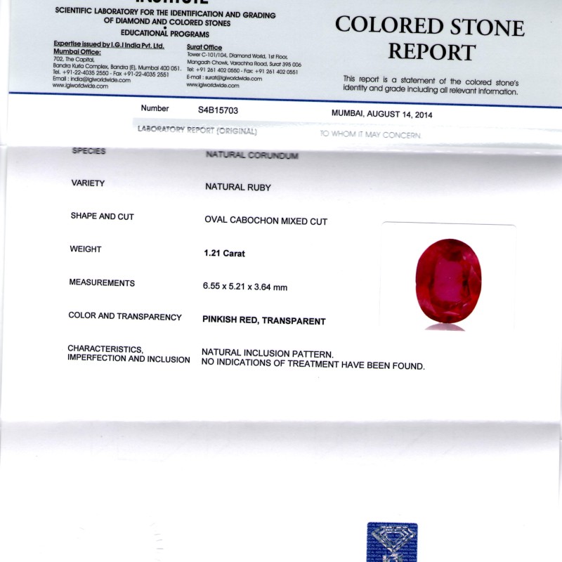 1.21 Ct IGI Certified Unheated Untreated Natural Mozambique Ruby 1.21 Ct IGI Certified Unheated Untreated Natural Mozambique Ruby