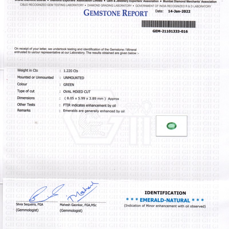 1.22 Ct GII Certified Untreated Natural Zambian Emerald Gemstone