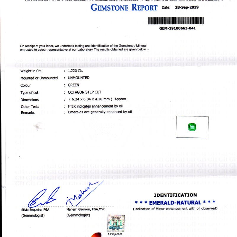 1.22 Ct GII Certified Untreated Natural Zambian Emerald Gemstone AAAAA 1.22 Ct GII Certified Untreated Natural Zambian Emerald Gemstone AAAAA
