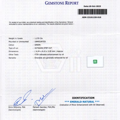 1.27 Ct GII Certified Untreated Natural Zambian Emerald Panna Gems