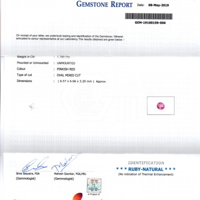 1.28 Ct GII Certified Unheated Untreated Natural Madagaskar Ruby AAA
